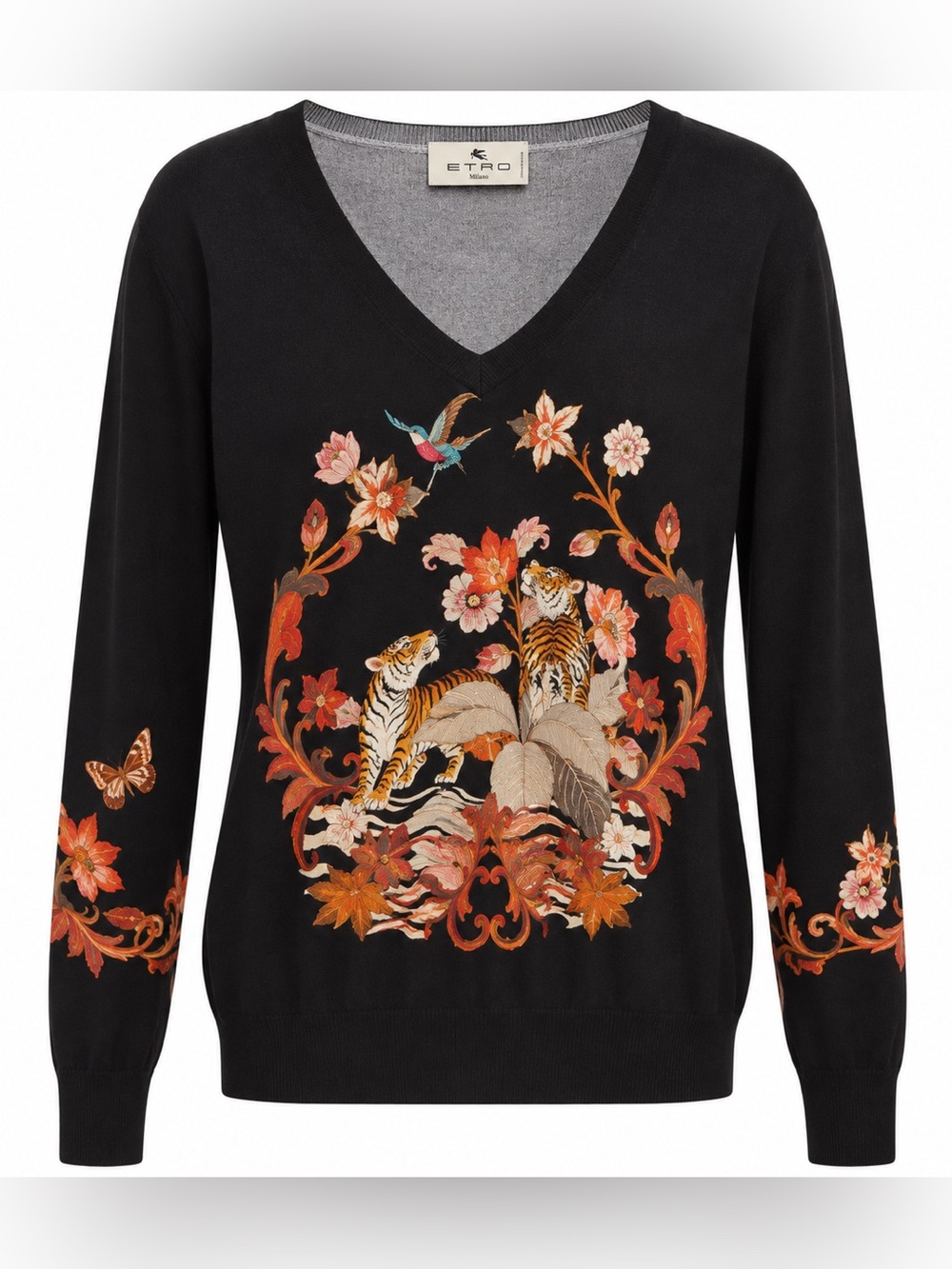 Etro Black V-Neck Sweater with Orange and Cream Tiger